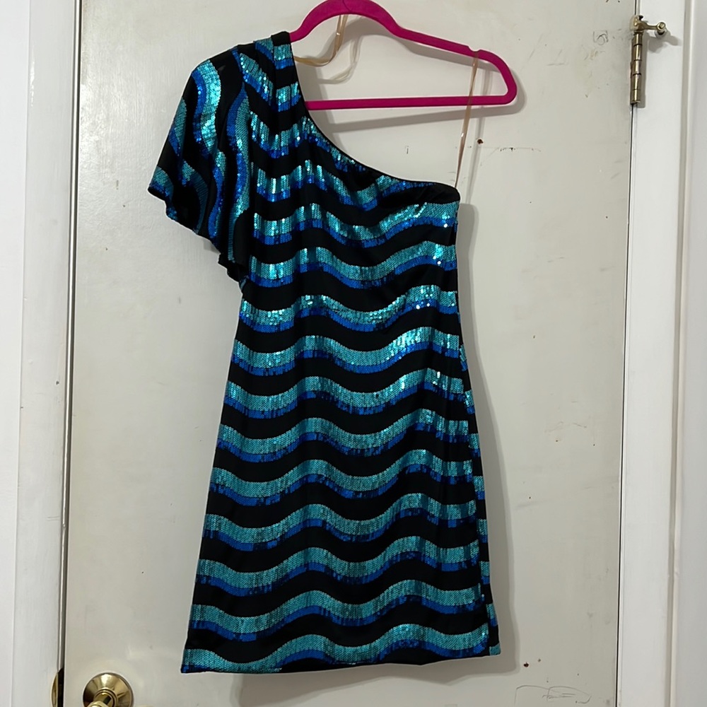Blue and green sequin dress